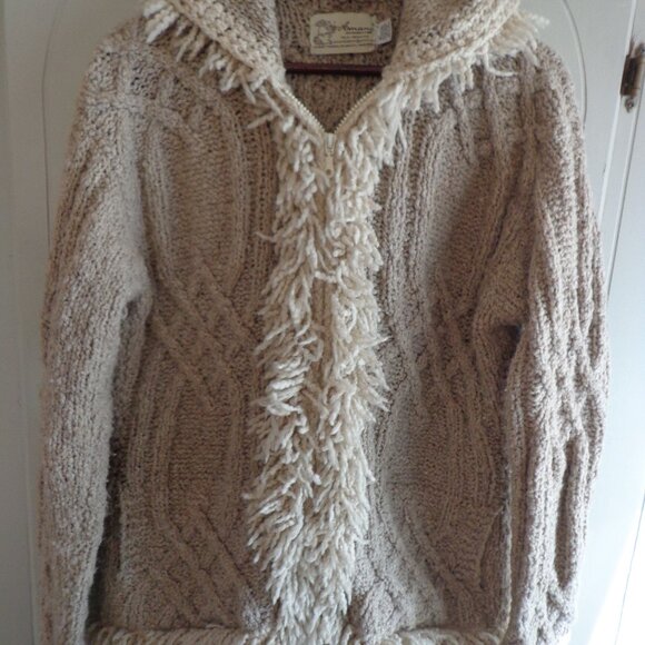 Amano Artesanias Chunky Knit Hooded Cardigan Zip Closure Pockets Beige/Cream M-L - Picture 6 of 11